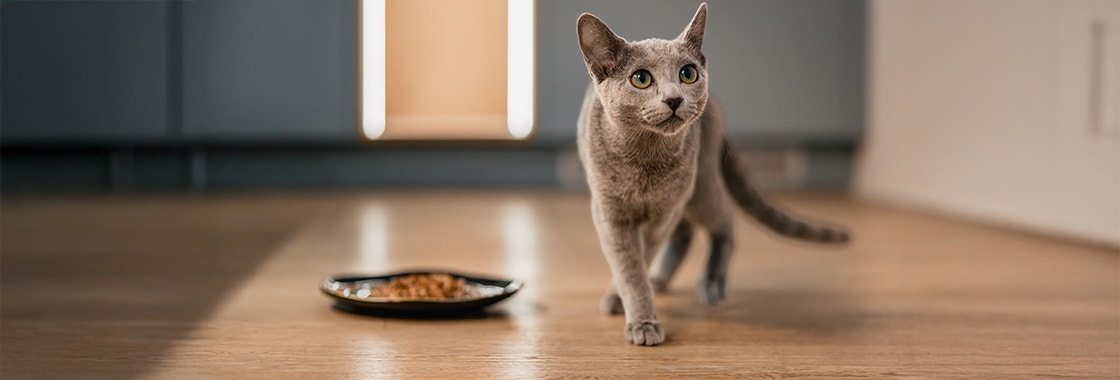 Grey cat walking away from its plate of wet food and not eating it
